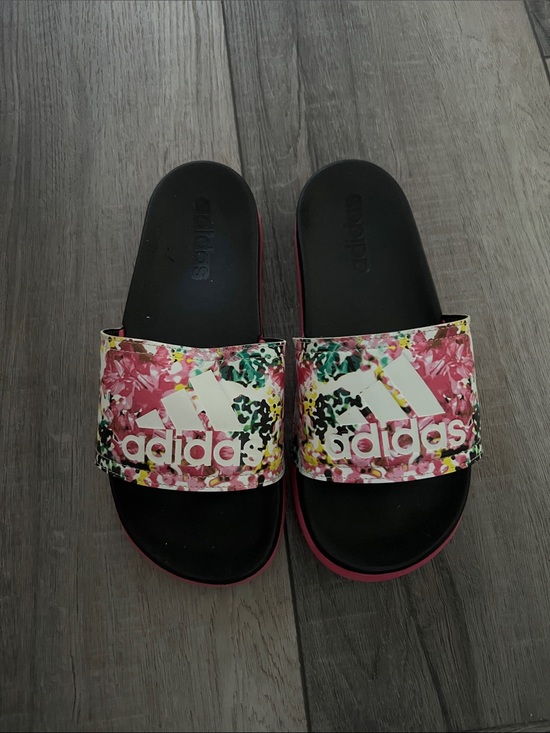 adidas Shoes - adidas Floral Print Slide Sandals - Pink/Black